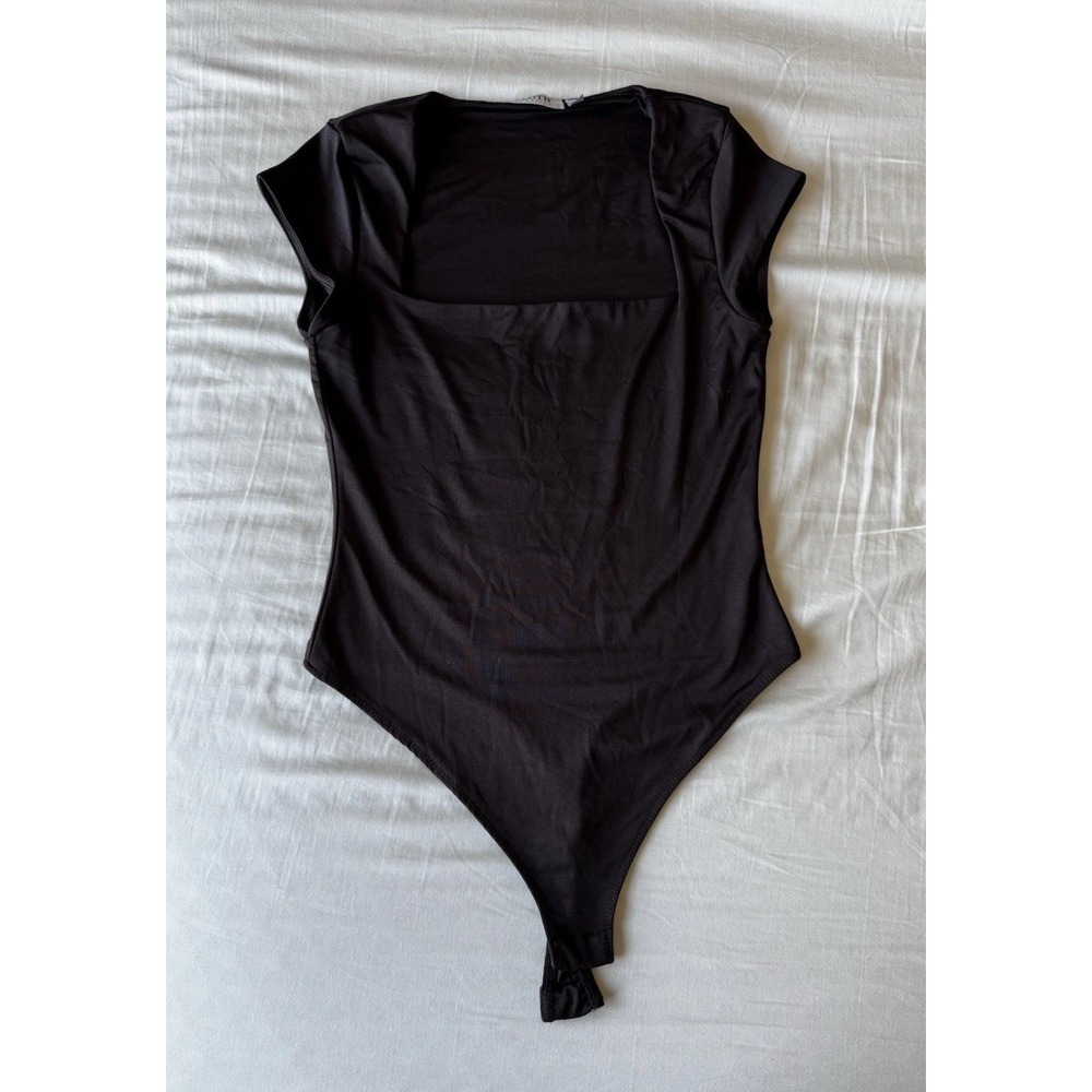 Cloth By Design Square Neck Black Short Sleeve Bodysuit One Piece Solid Medium